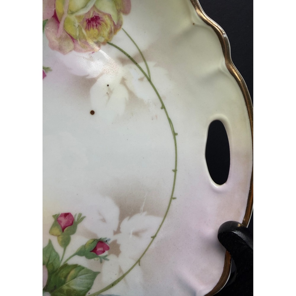 Vintage German Porcelain Handled Cake Plate Hand Painted Pink Roses Gold Trim - Picture 9 of 11